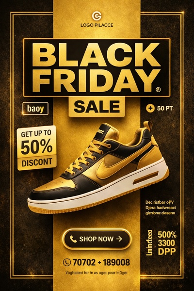 sneakers, athletic shoes, running shoes, casual shoes, sports shoes, sale promotion, modern typography, bold, luxurious, gold, black, black friday